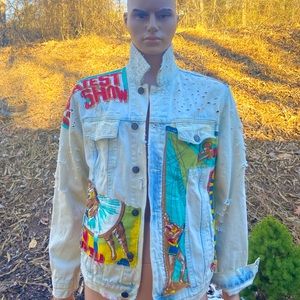 Custom acid wash jacket made with 1950’s vintage circus fabric